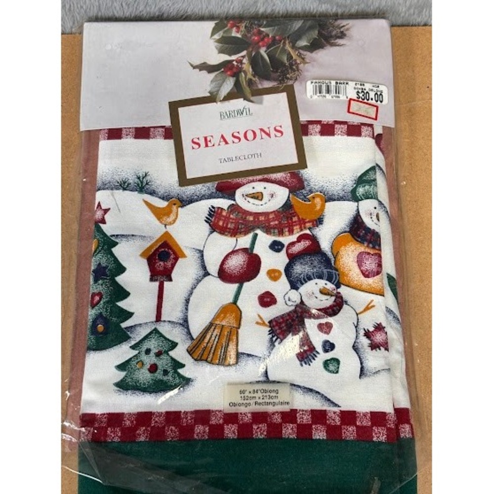 Bardwil Seasons‎ Snow Country Snowman Tablecloth 60x84 Oblong White Green Red